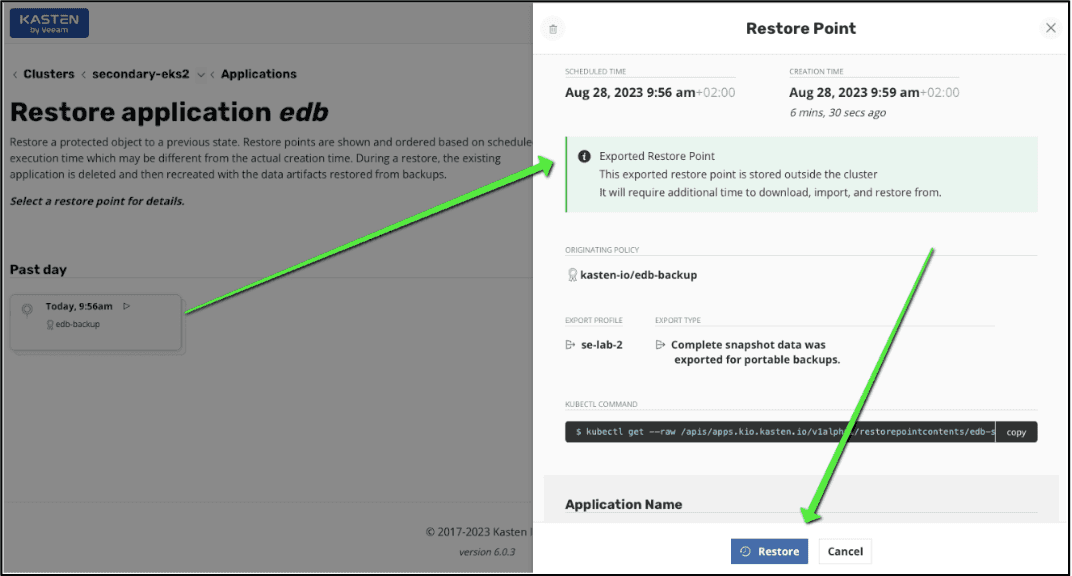 Kasten Data Restore Point